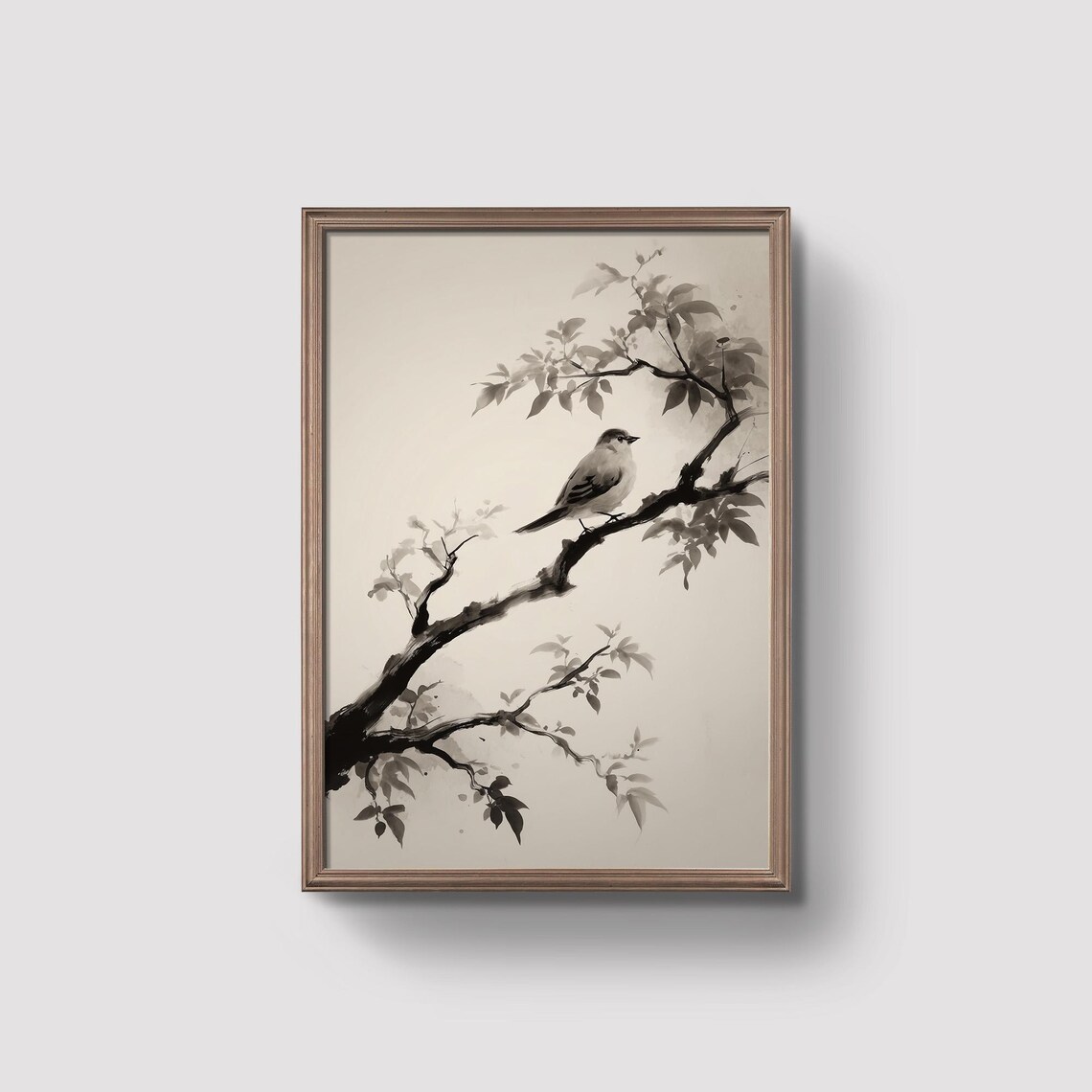 Japanese Ink Wash Bird on Branch Monochrome Zen Painting Poster