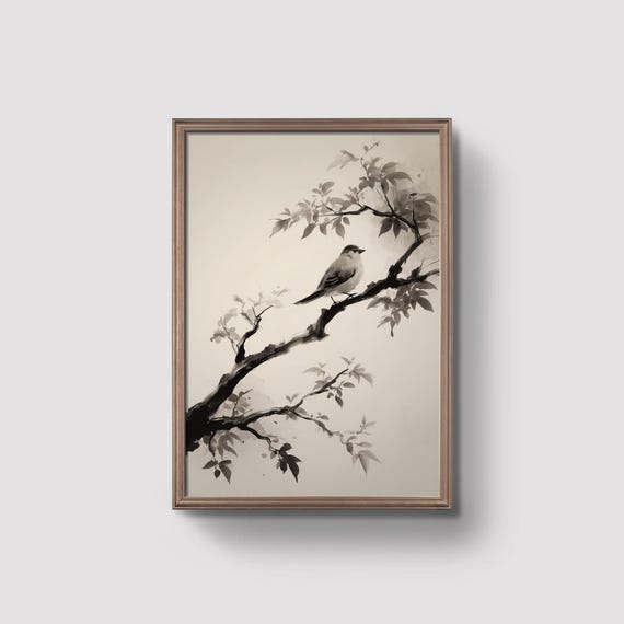 Asian Bird Print Minimalist Branch Art Japanese Style Nature Poster Zen Wall Decor Monochrome Prints