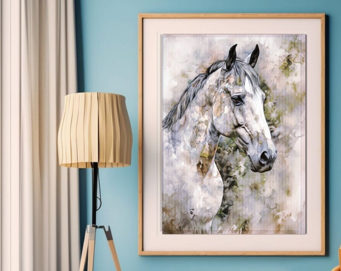 Grey Horse Head Portrait Watercolor Equine Wildlife Art Poster
