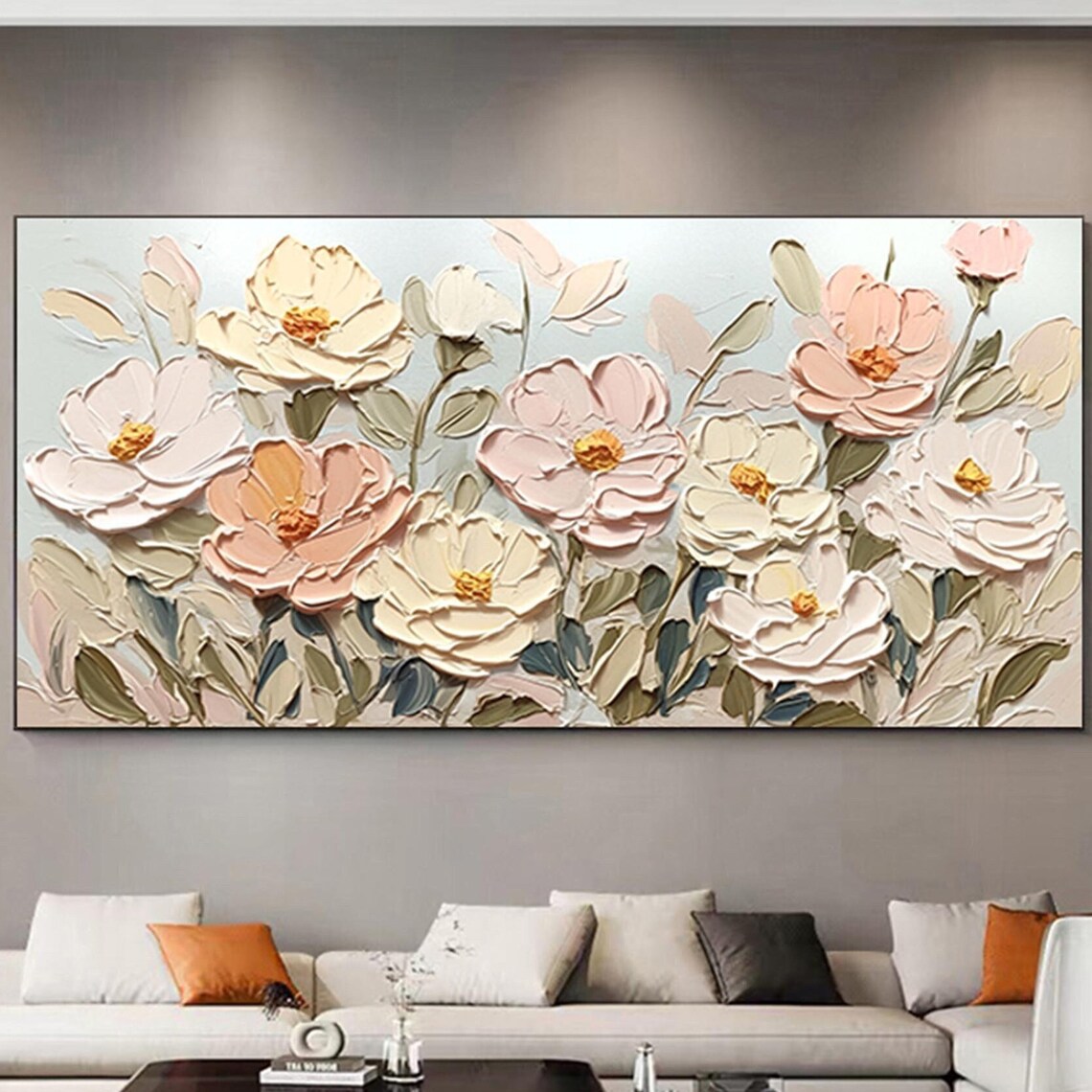Soft Pink Cream Bloom Pale Blue 3D Textured Floral Painting Poster