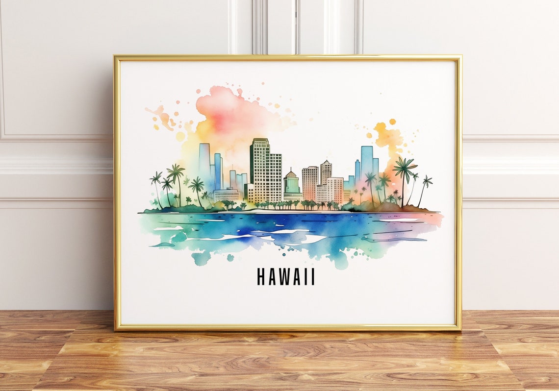 Hawaii Watercolor Cityscape Skyline Palm Beach Tropical Wall Poster