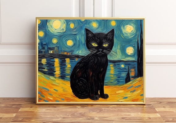 Black Cat And The Starry Night Sky Style 2 Poster Print Wall Art Dcor
