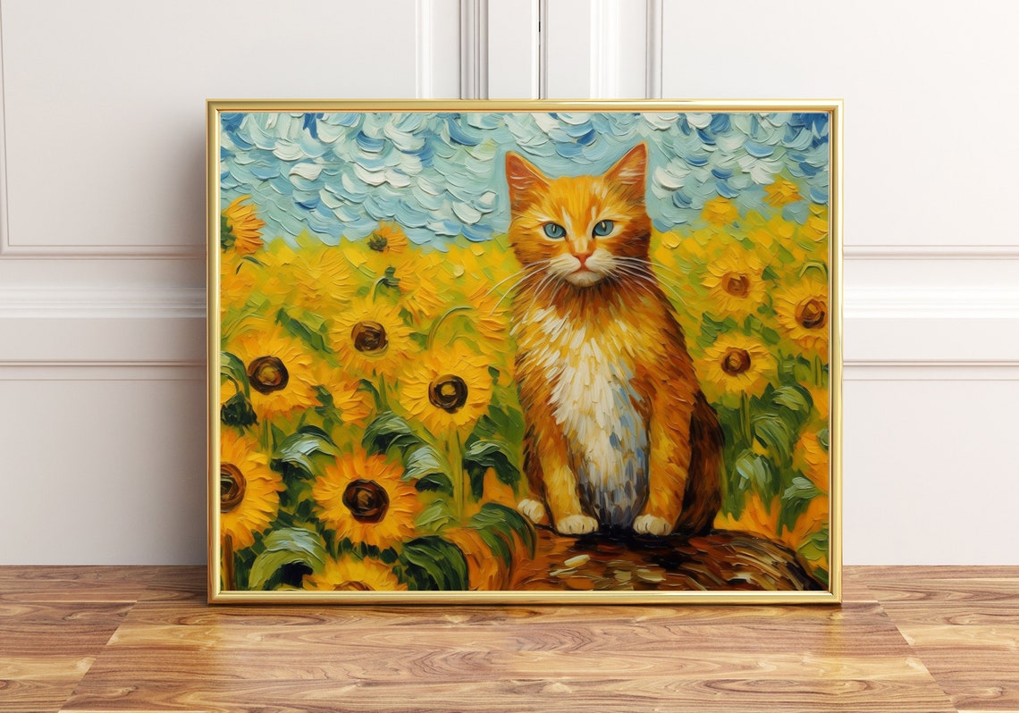 Ginger Cat Portrait In Sunflowers Van Gogh Impasto Style Poster
