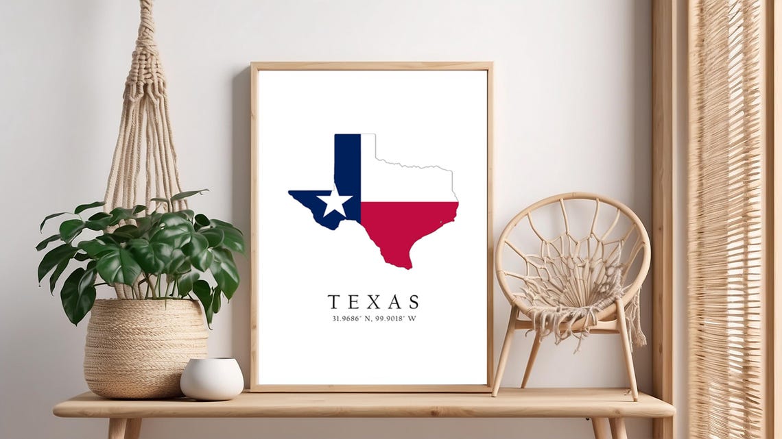 Texas Map Print Flag Latitude Longitude Coordinates Poster Wall Art Home Dcor