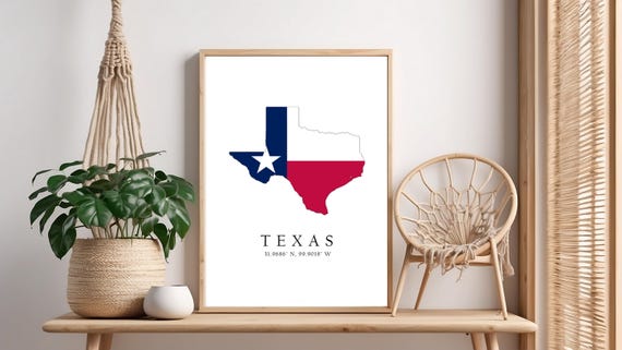Texas Map Print Flag Latitude Longitude Coordinates Poster Wall Art Home Dcor