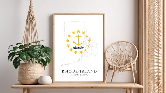 Rhode Island Map Print Flag Latitude Longitude Coordinates Poster Wall Art Home Dcor