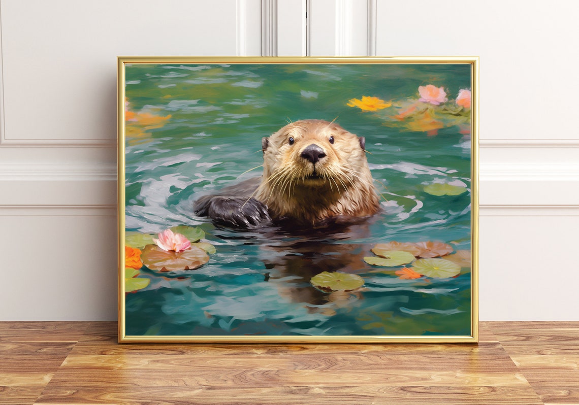 Swimming Otter Among Water Lilies Impressionist Wildlife Poster