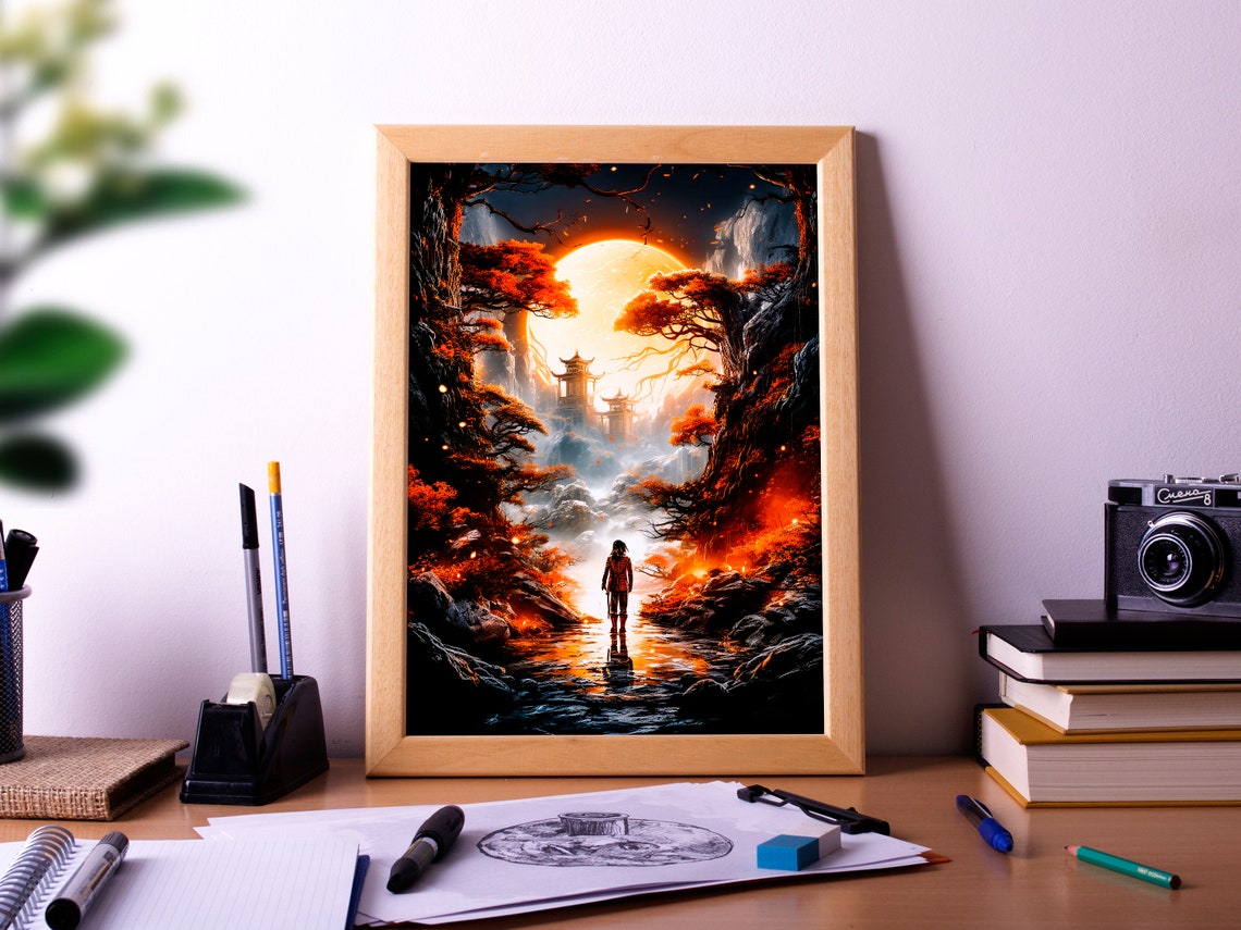 Samurai Warrior Sunset Journey Japanese Fantasy Landscape Poster