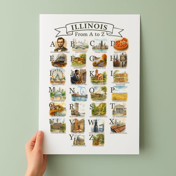 Illinois Alphabet Poster A To Z State Symbols And Icons Unique Travel Gift Wall Art Decor