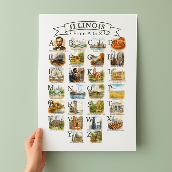 Illinois From A to Z Alphabet State Symbols Illustrated Art Poster