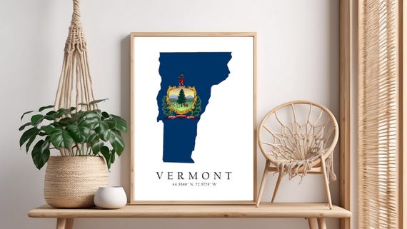 Vermont Map Print Flag Latitude Longitude Coordinates Poster Wall Art Home Dcor