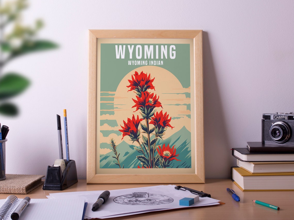 Wyoming Indian Paintbrush Retro Wildflower Golden Sunset Poster