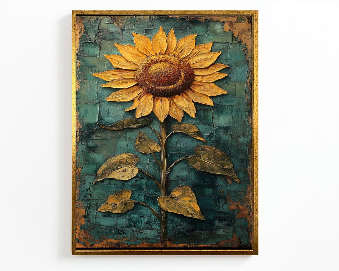 Rustic Sunflower Oil Painting Teal Textured Background Vintage Poster - Image 2