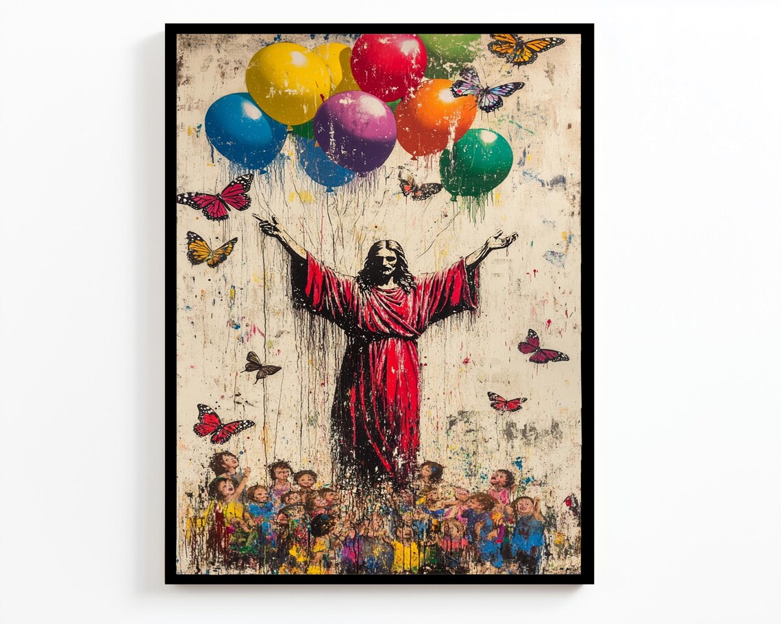 Jesus Red Robe Arms Raised Crowd Balloons Butterfly Street Art Poster - Image 2