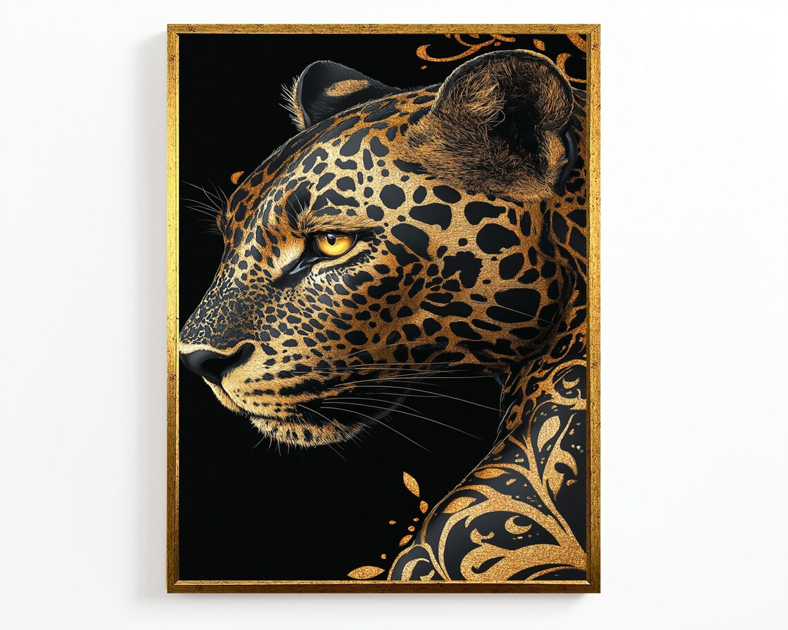 Golden Leopard Head Black And Gold Luxury Wild Cat Portrait Wall Art Poster - Image 2