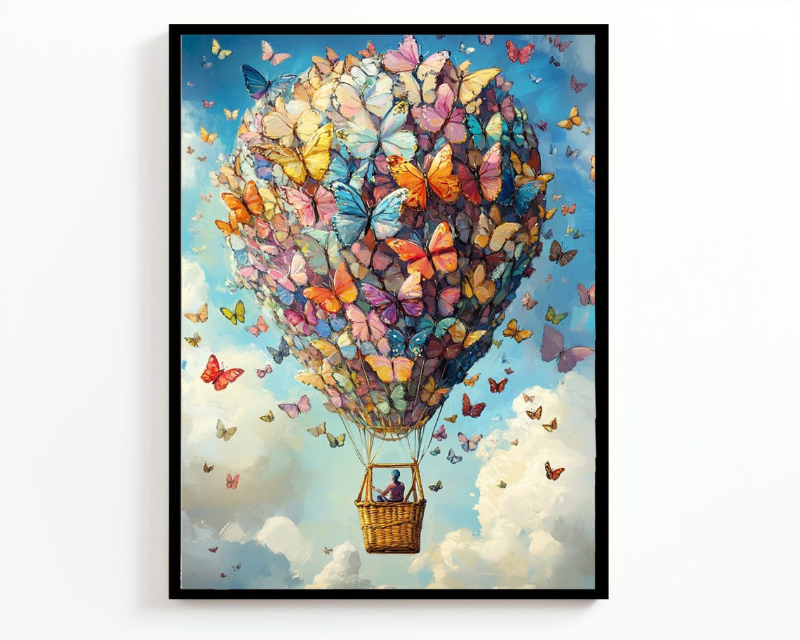 Butterfly Hot Air Balloon Whimsical Colorful Sky Adventure Wall Art - Image 2