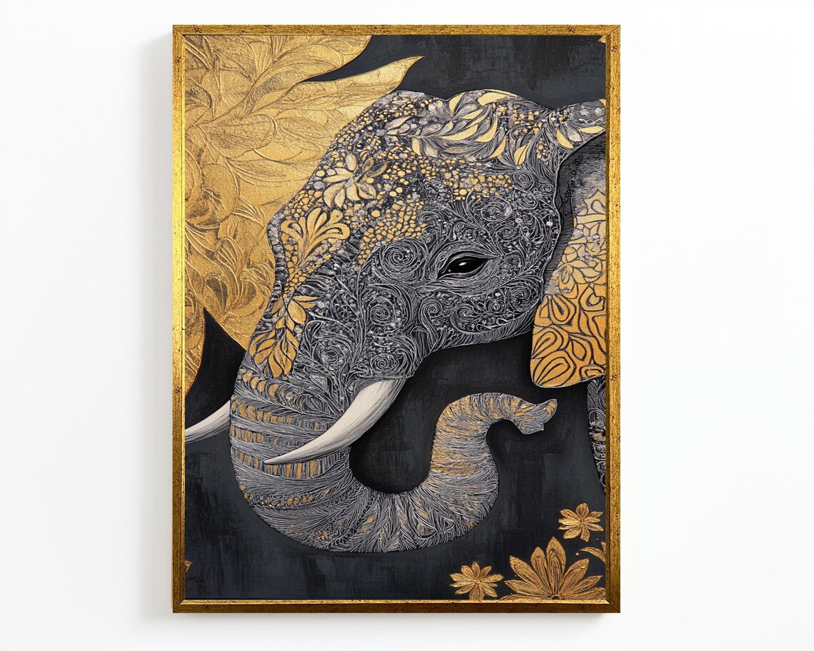 Elegant Elephant Head Gold Floral Zentangle Black Luxury Wall Art Poster - Image 2