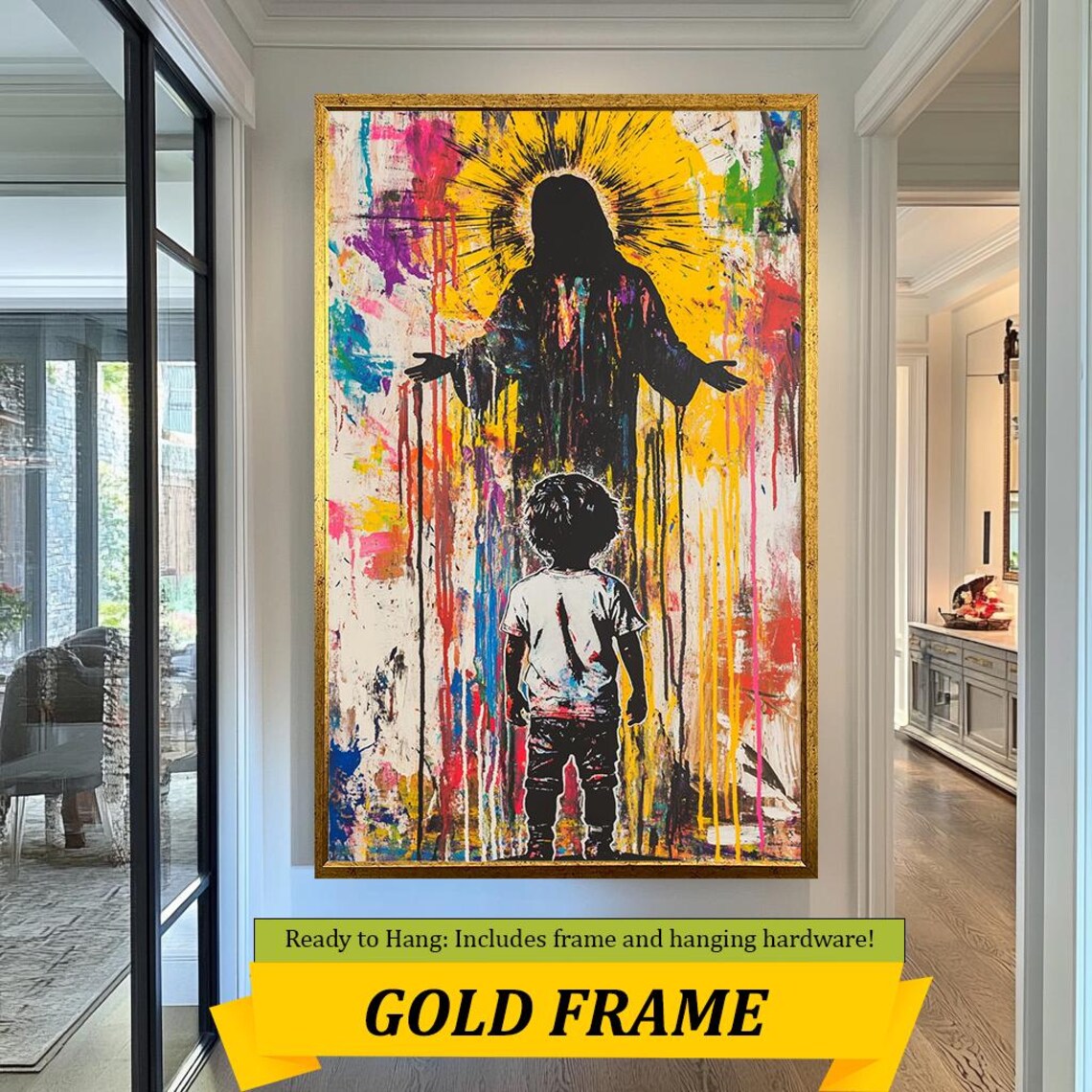 Jesus Arms Open Golden Sunburst Halo Child Multicolor Drip Graffiti Poster - Image 3