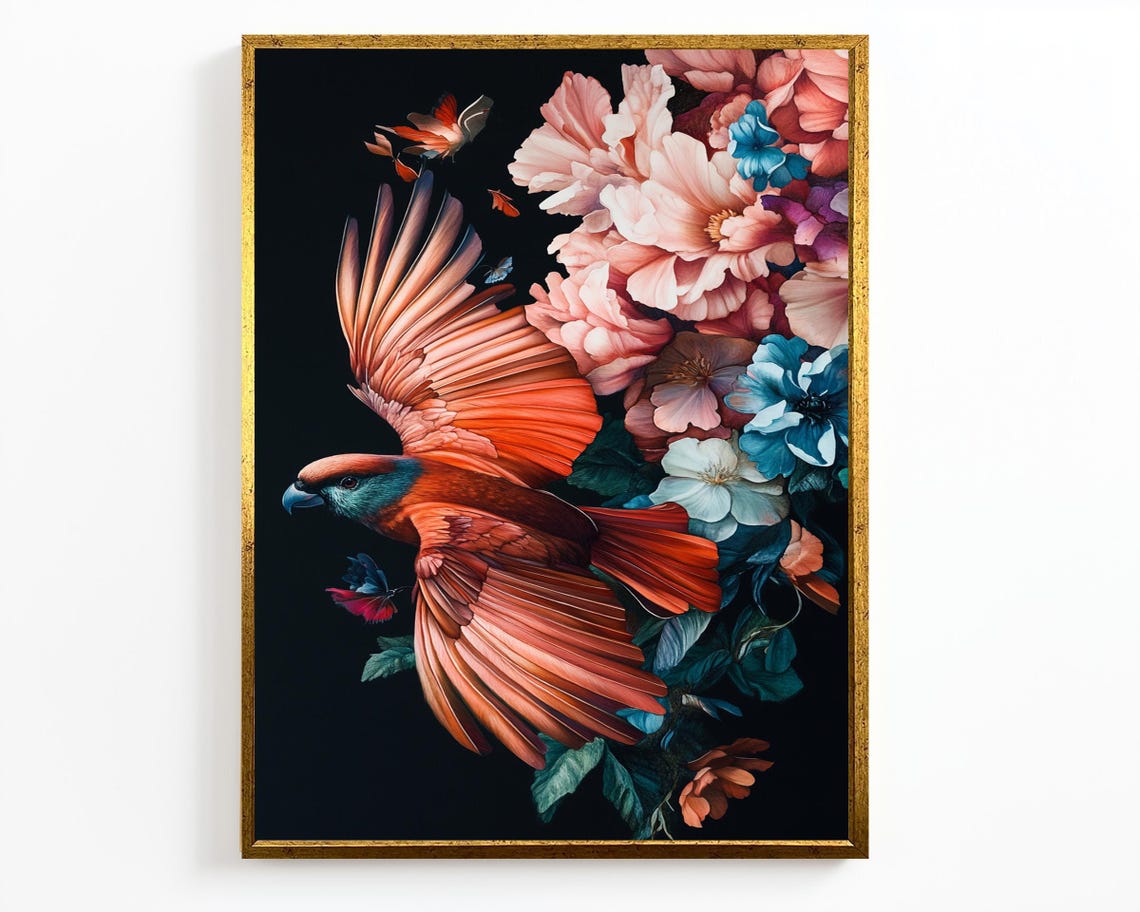Vibrant Coral Parrot In Flight Blooming Flowers Black Background Art - Image 2