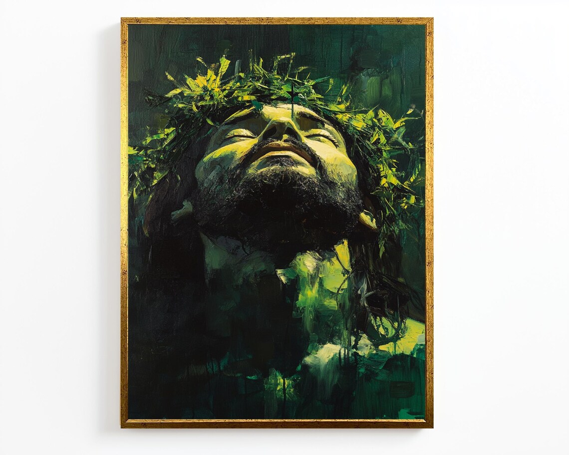 Jesus Crown Of Thorns Green Moody Abstract Portrait Christian Art Poster - Image 2