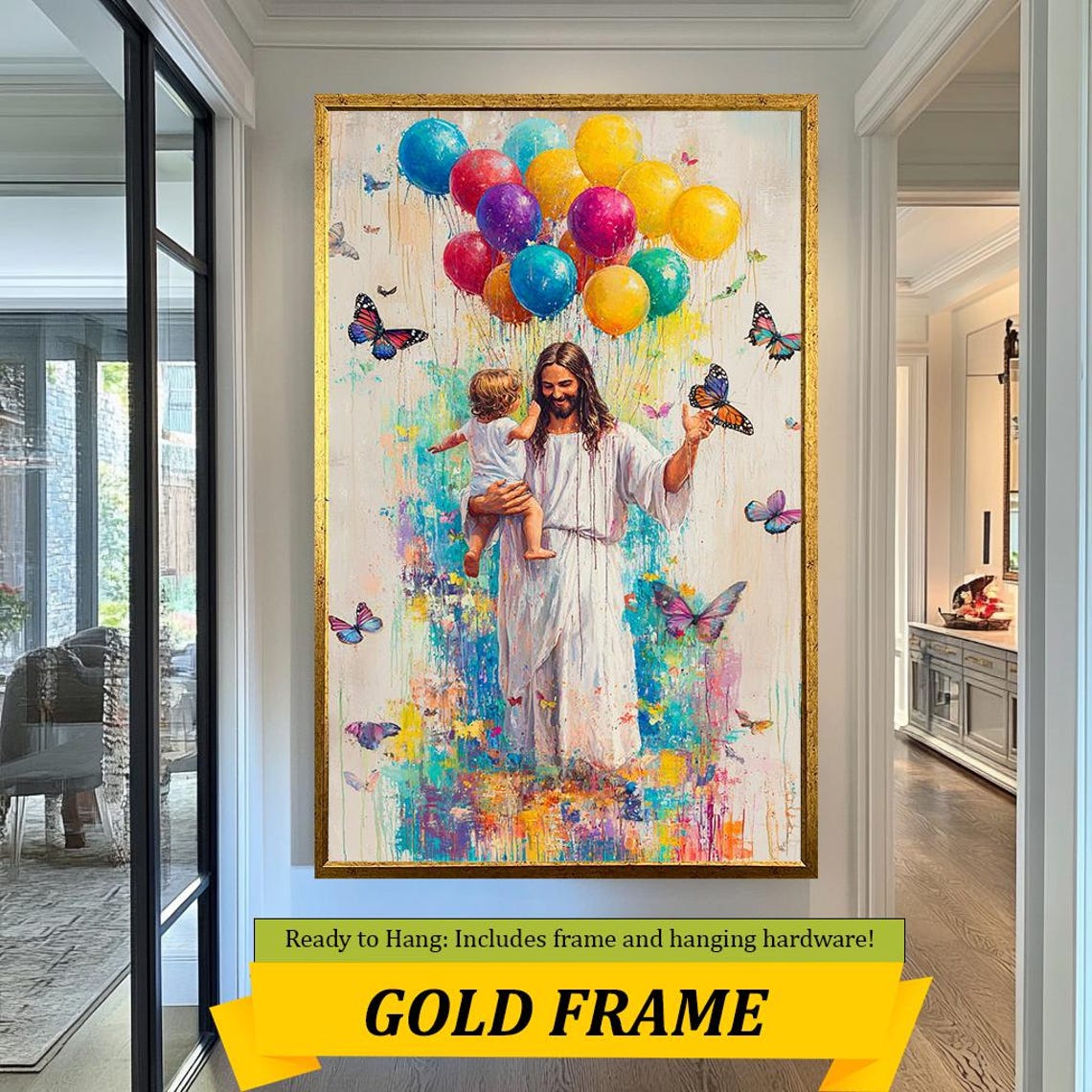 Jesus Holding Child Rainbow Balloons Butterflies Joyful Wall Art - Image 3