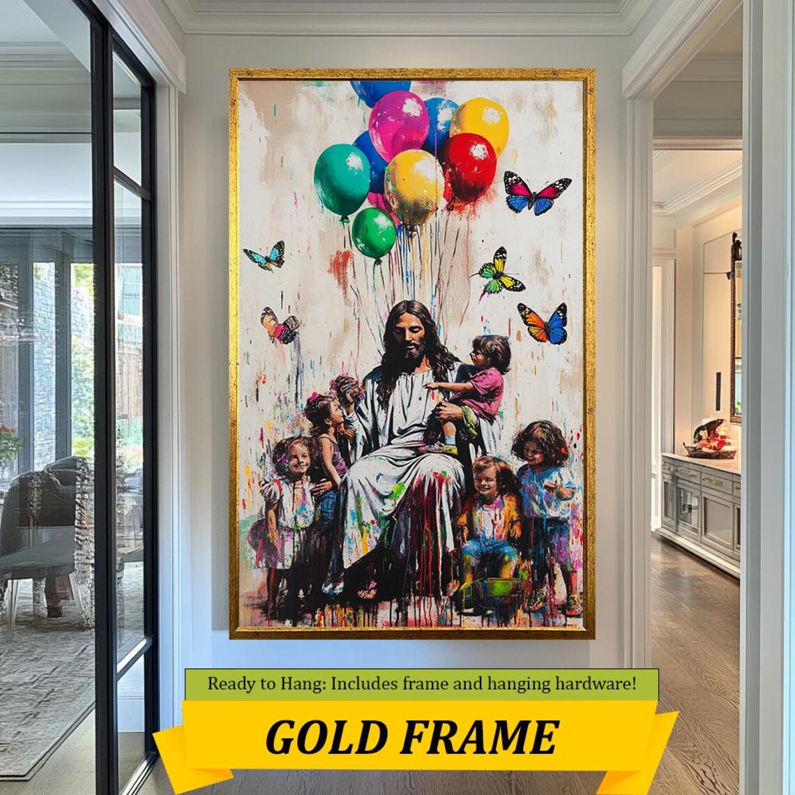 Jesus With Children Colorful Balloon Bunch Butterfly Splatter Art Poster - Image 3