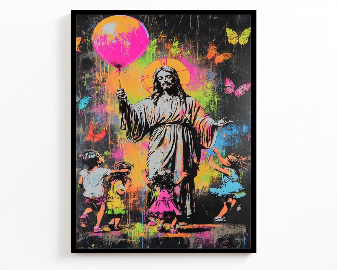 Haloed Jesus Pink Balloon Dancing Children Neon Butterfly Wall Art - Image 2