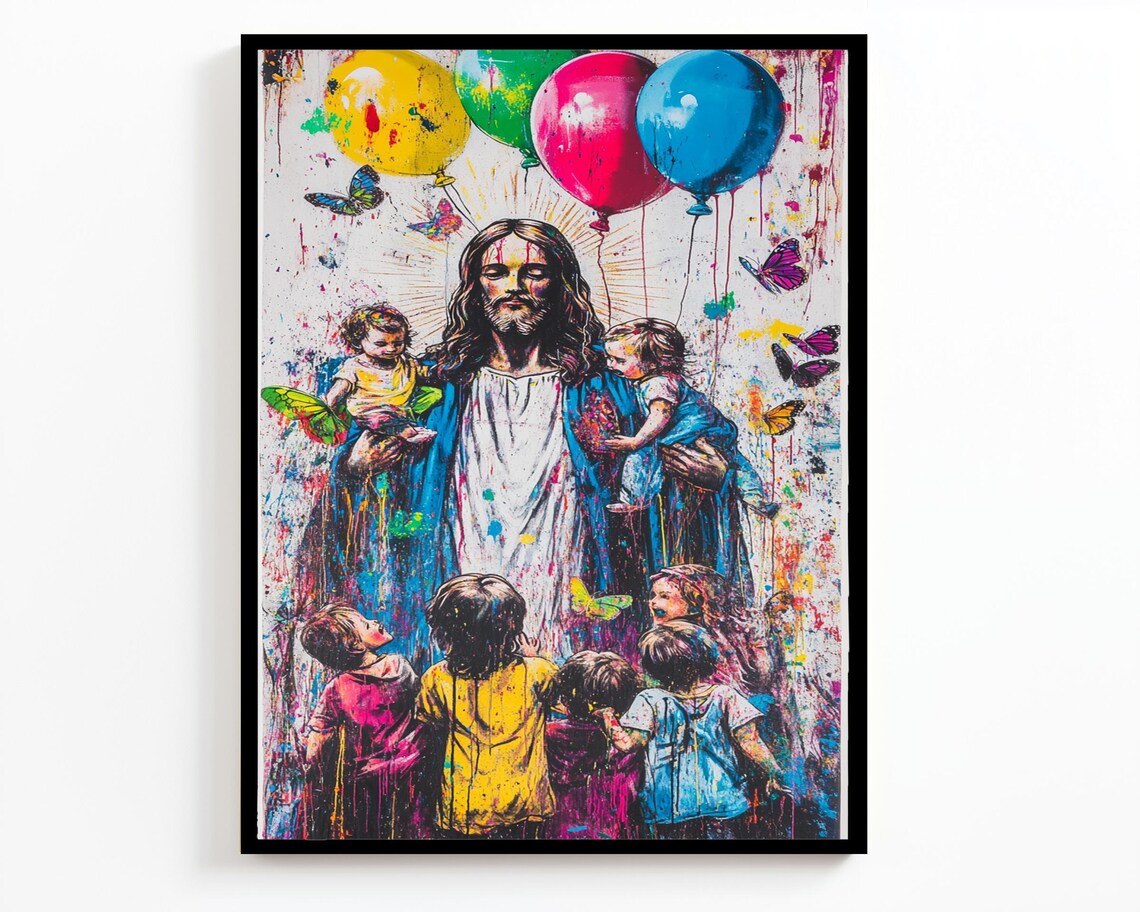 Jesus Holding Children Balloons Butterflies Colorful Drip Painting Poster - Image 2