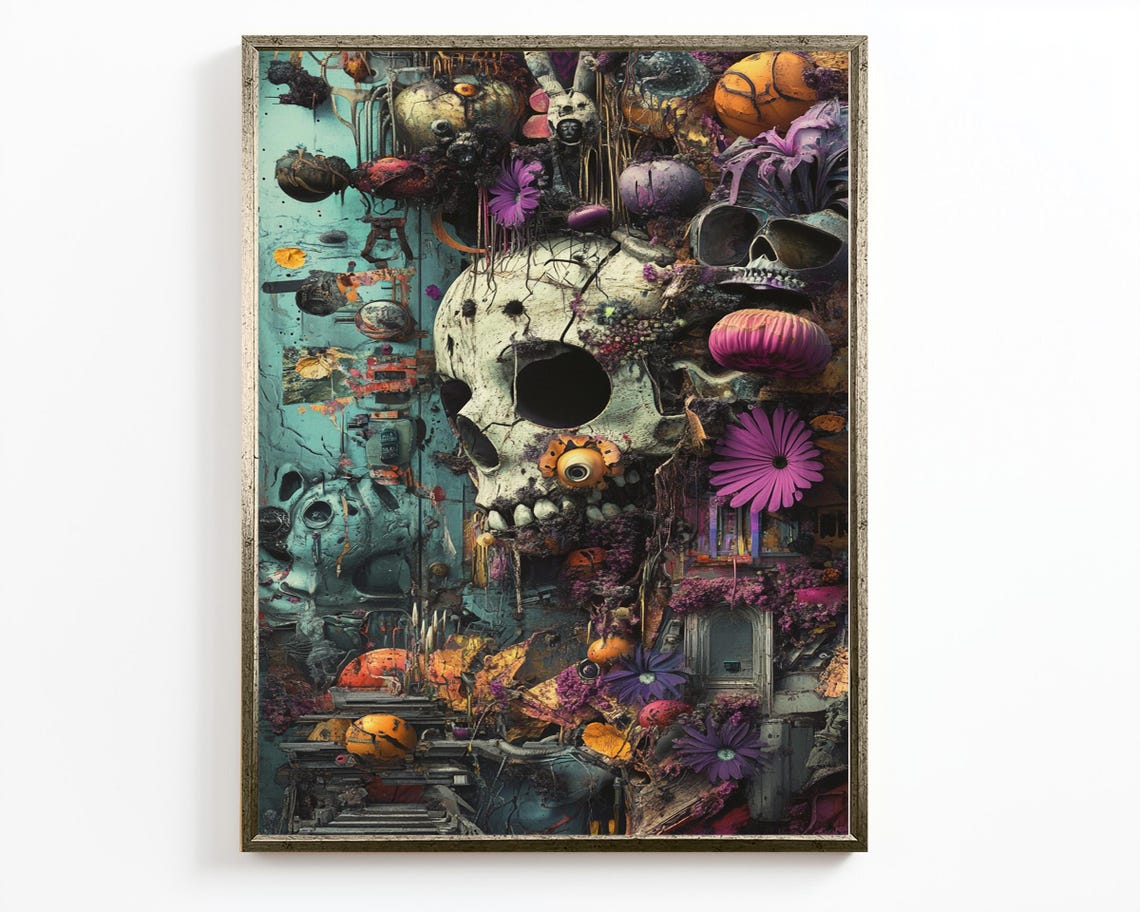 Dark Maximalist Skull Surreal Floral Gothic Teal Fantasy Wall Art - Image 2