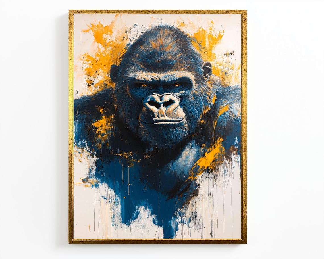 Bold Gorilla Wall Art In Blue And Gold Abstract Wildlife Artwork With Fierce Expression Powerful Animal Decor For Modern Interiors - Image 2