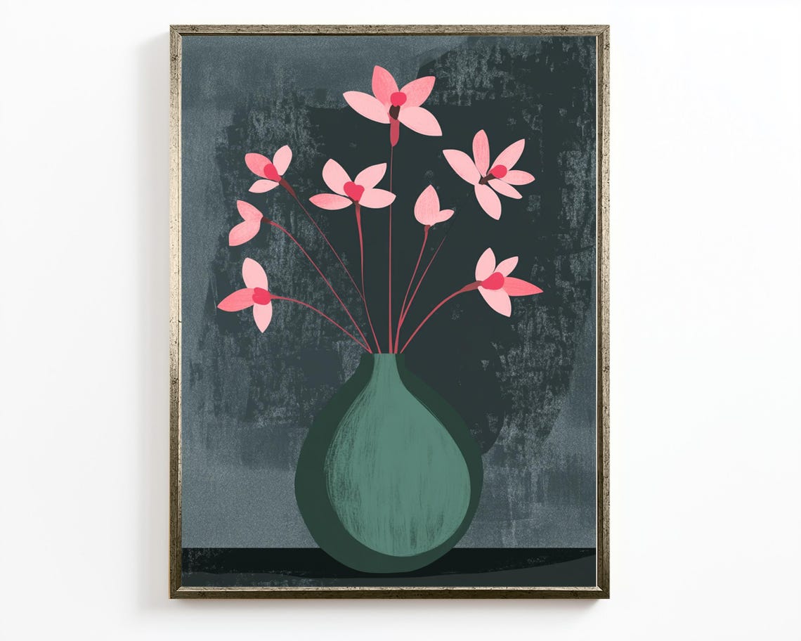 Modern Abstract Floral Vase Painting Pink Blossoms Dark Green Poster - Image 2