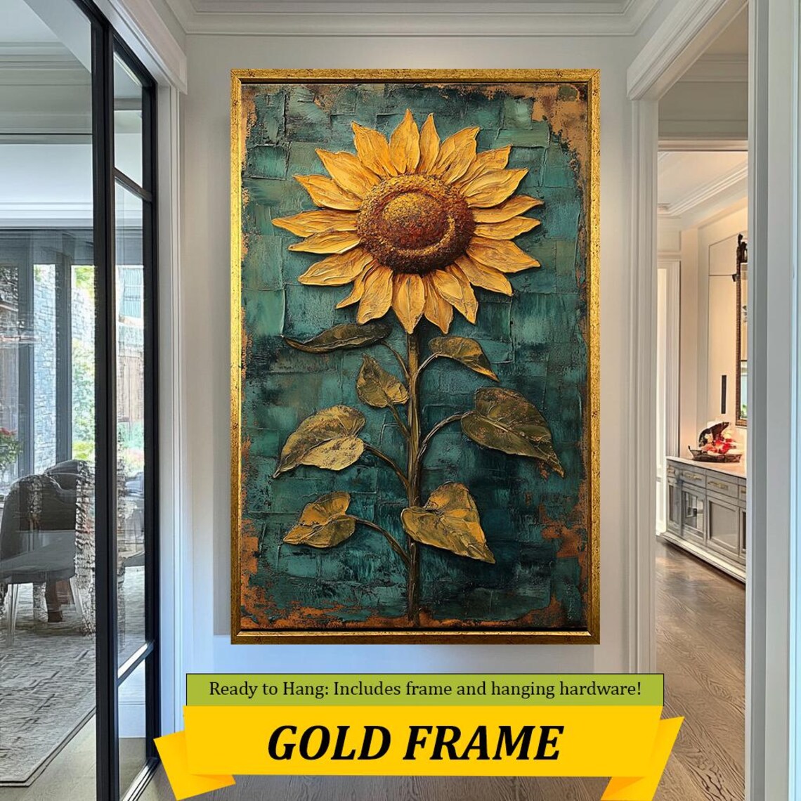 Rustic Sunflower Oil Painting Teal Textured Background Vintage Poster - Image 3
