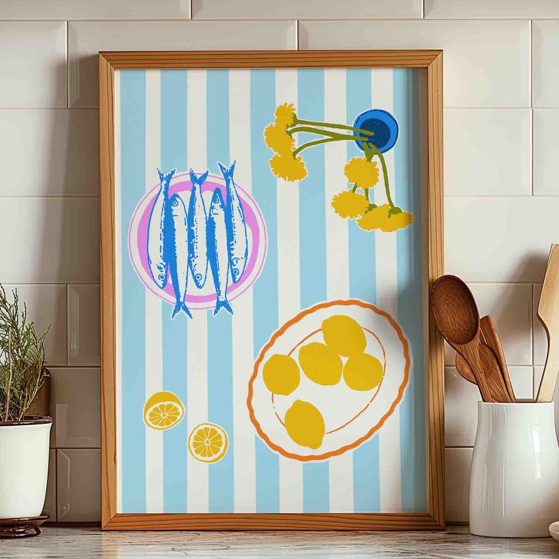 Sardine Plate Lemons Blue Stripes Oak Frame Kitchen Art Poster