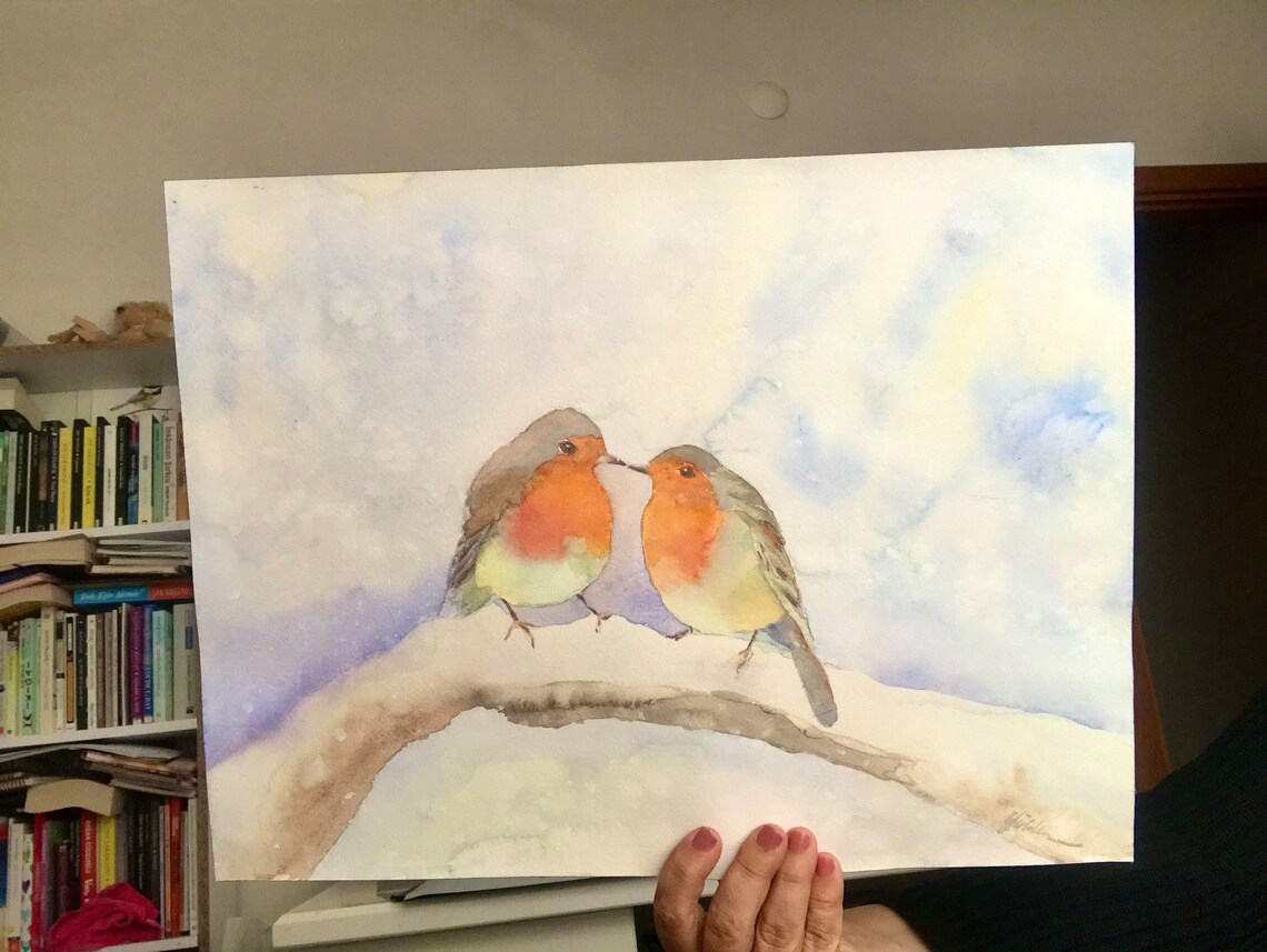 Two European Robins on a Snowy Branch Winter Watercolor Poster - Image 2