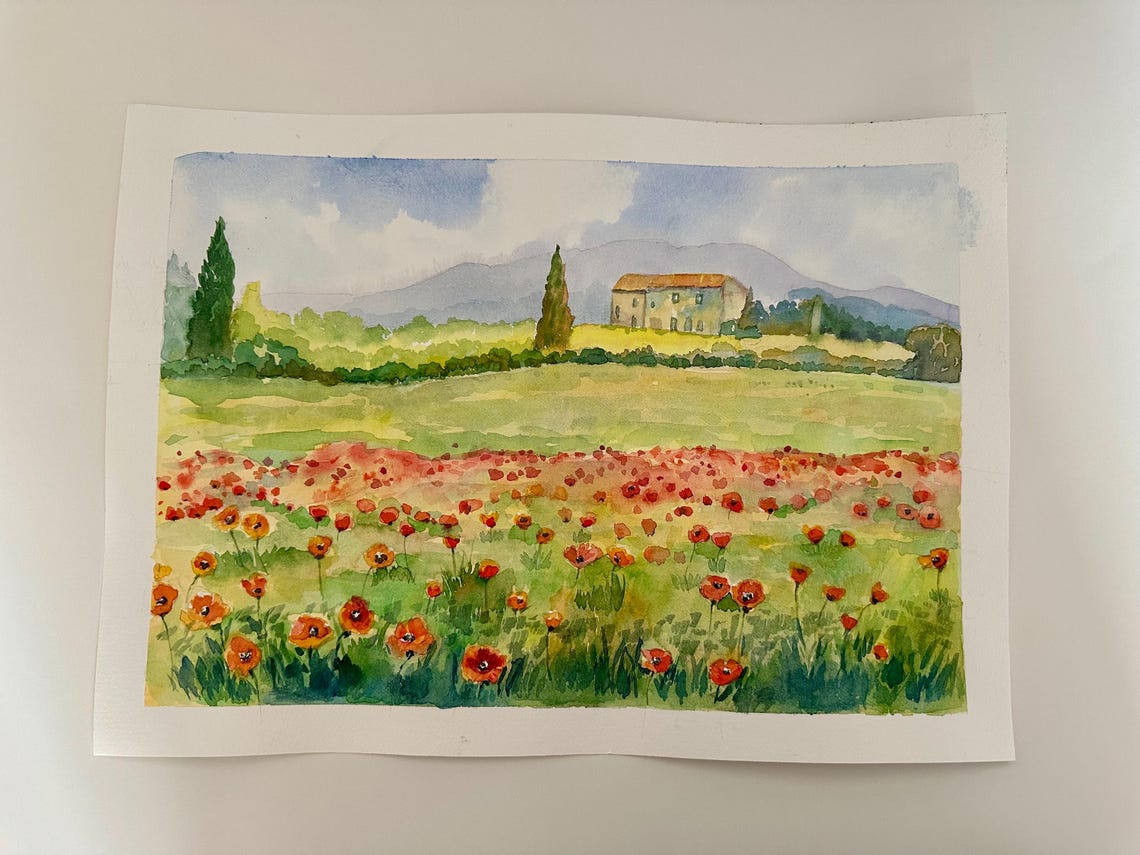 Poppies Field Original Watercolor Painting Floral Wall Art Poppy Meadow Landscape Flowery Countryside Art Impressionist Art 10x14 In - Image 6