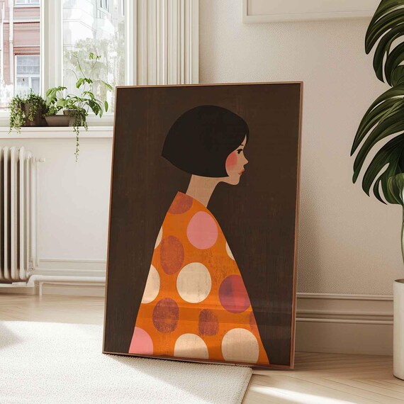 Woman Side Profile in Orange Polka Dot Dress Modern Art Print