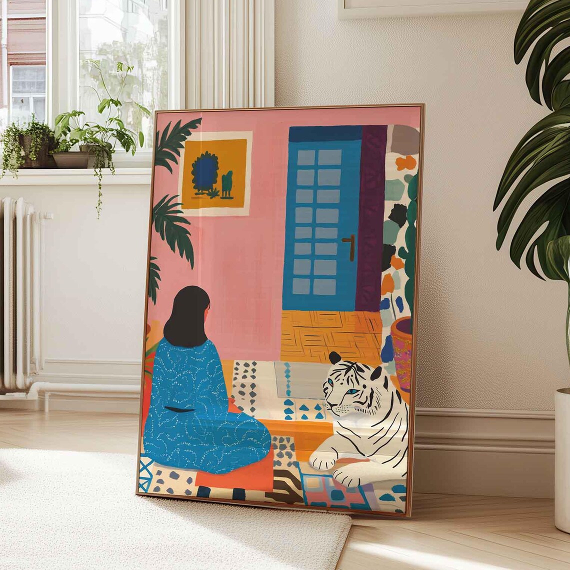 Woman with White Tiger Colorful Boho Interior Scene Art Print