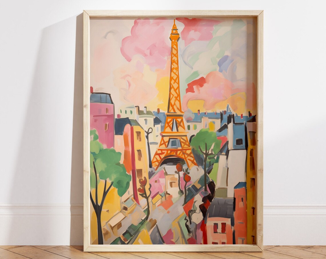 Eiffel Tower Paris Watercolor Abstract Pink Skyline Art Poster