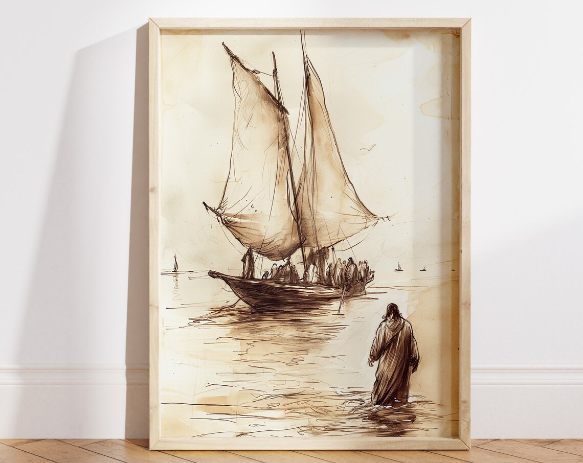 Jesus Walking on Water Disciples Boat Sepia Ink Sketch Poster