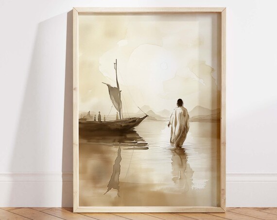 Jesus Walking on Water Sepia Sailboat Watercolor Bible Scene Poster
