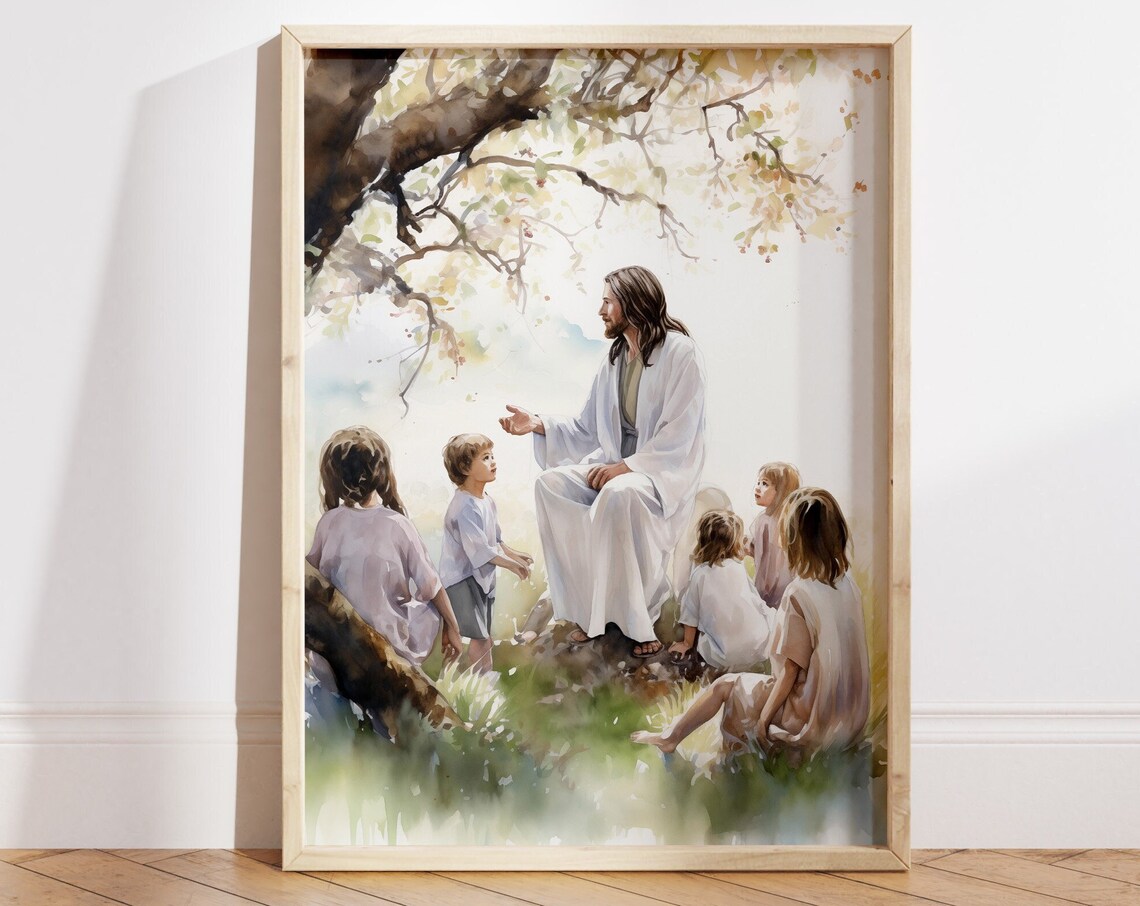 Jesus Teaching Kids Poster Watercolor Jesus Painting Jesus Portrait Wall Art Bible Verse Home Decor Children Of God File