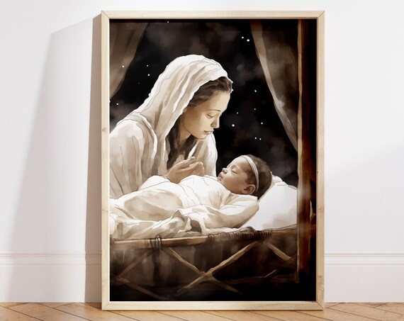 Mary and Baby Jesus in Crib Starry Night Watercolor Nativity Poster