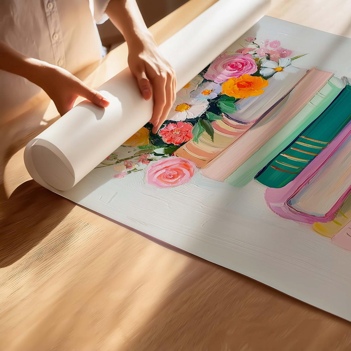 Pastel Book Stack With Wildflowers Oil Painting Book Lover Poster - Image 2