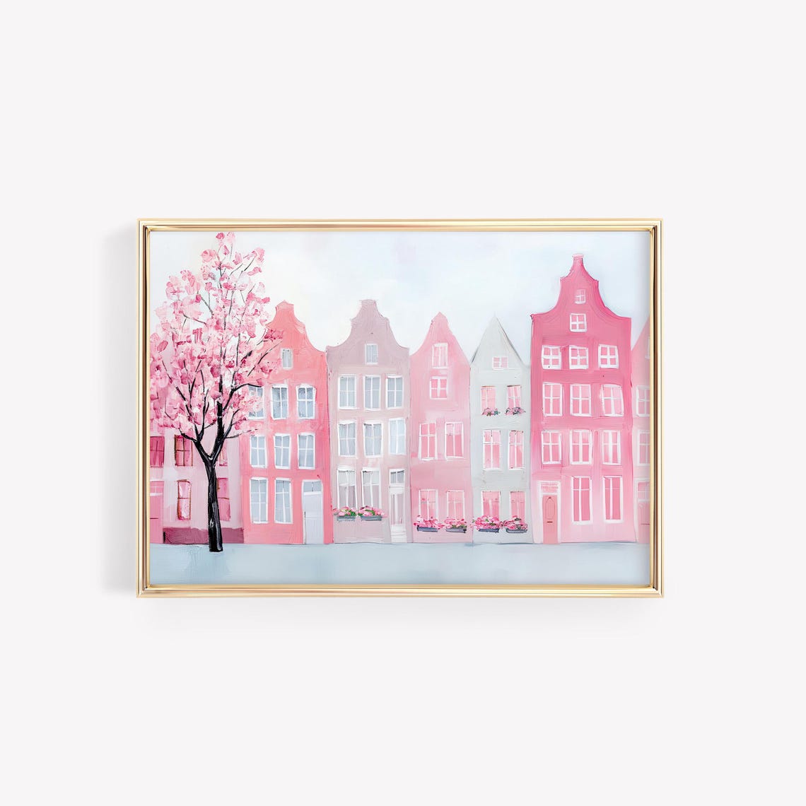 Pink Amsterdam Style Canal Houses with Cherry Blossom Poster