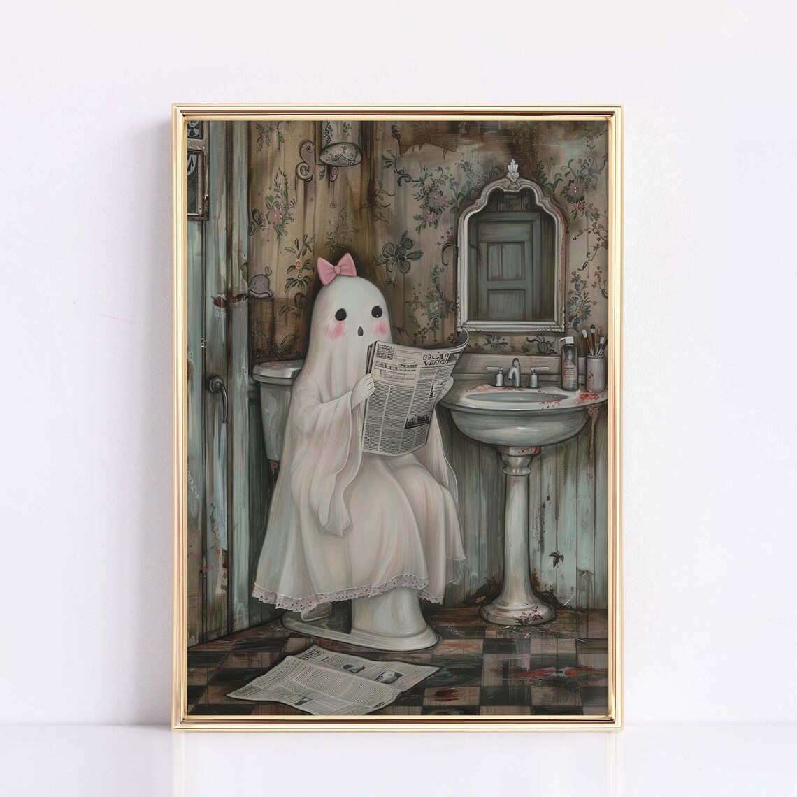 Cute Ghost Reading Newspaper Bathroom Painting Funny Spooky Toilet Poster