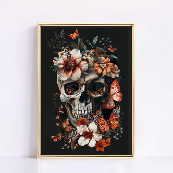 Skull Butterflies Orange Flowers Painting Dark Gothic Floral Halloween Poster