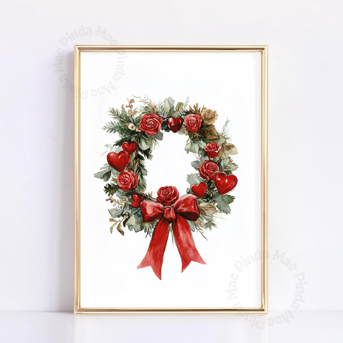 Watercolor Holiday Wreath With Red Roses Hearts and Satin Bow Poster