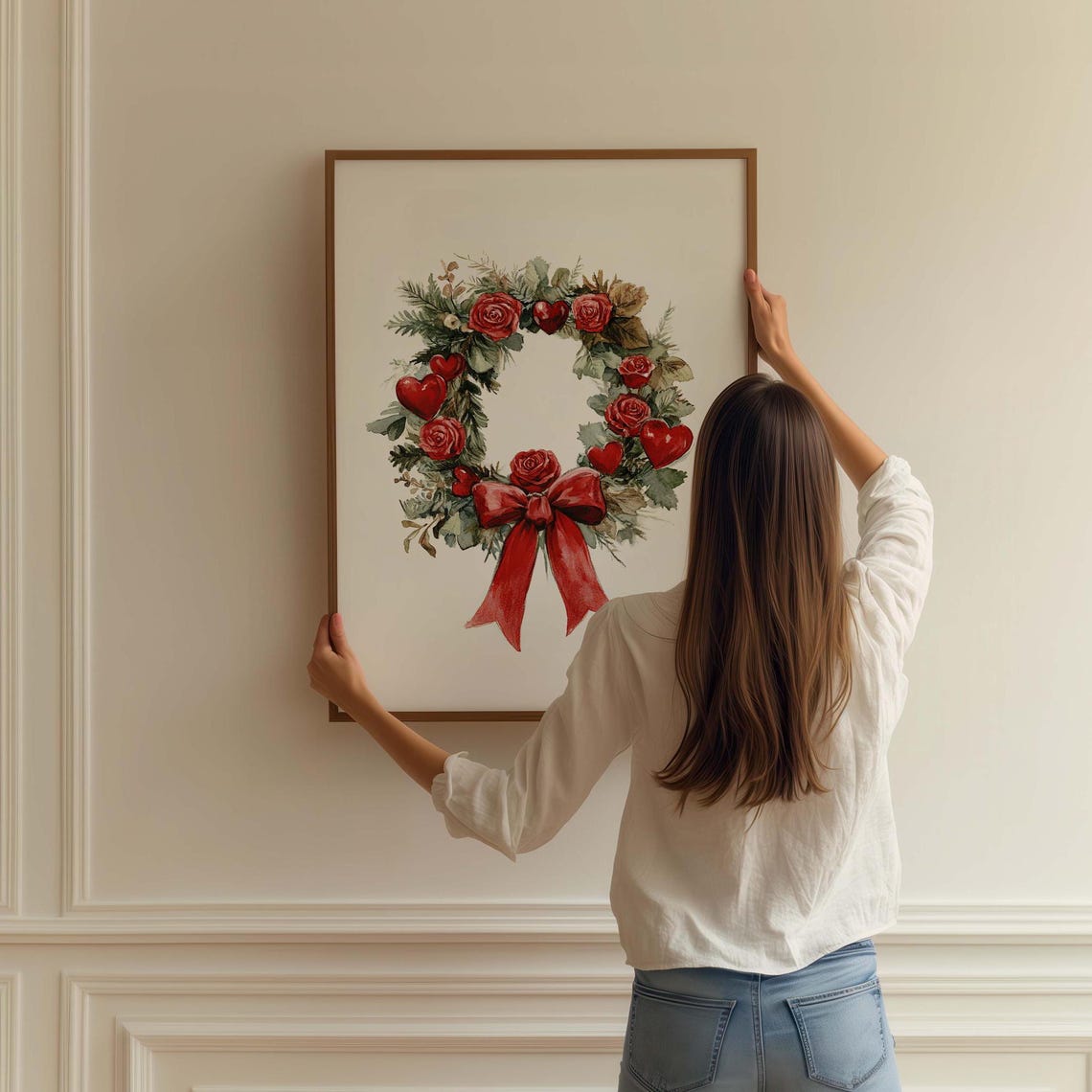 Watercolor Holiday Wreath With Red Roses Hearts and Satin Bow Poster - Image 2