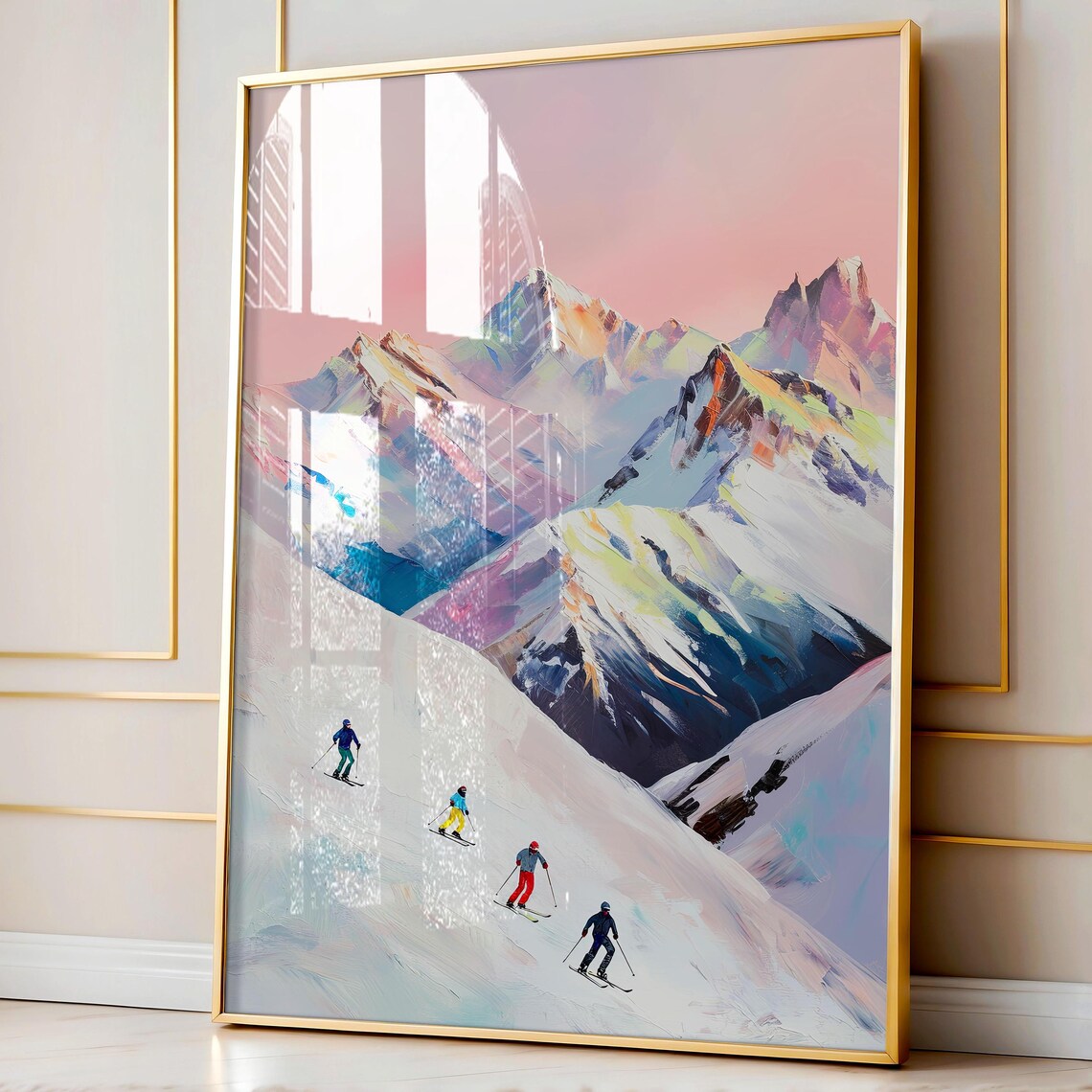 Skiing Painting, Pastel Winter Mountain Art Print