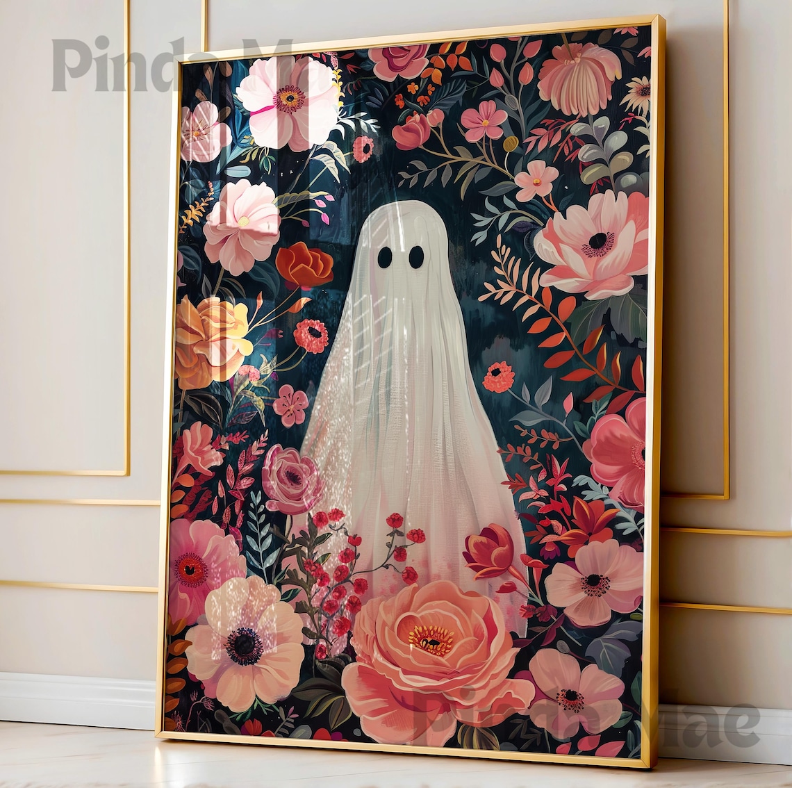 Spooky Ghost Pink Wildflower Art Print, Halloween
